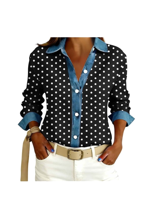 Button Down Shirt for Women Classic Polka Dot Print Collared Long Sleeve Blouse Relaxed Fit Casual Office Workwear Fashion Top