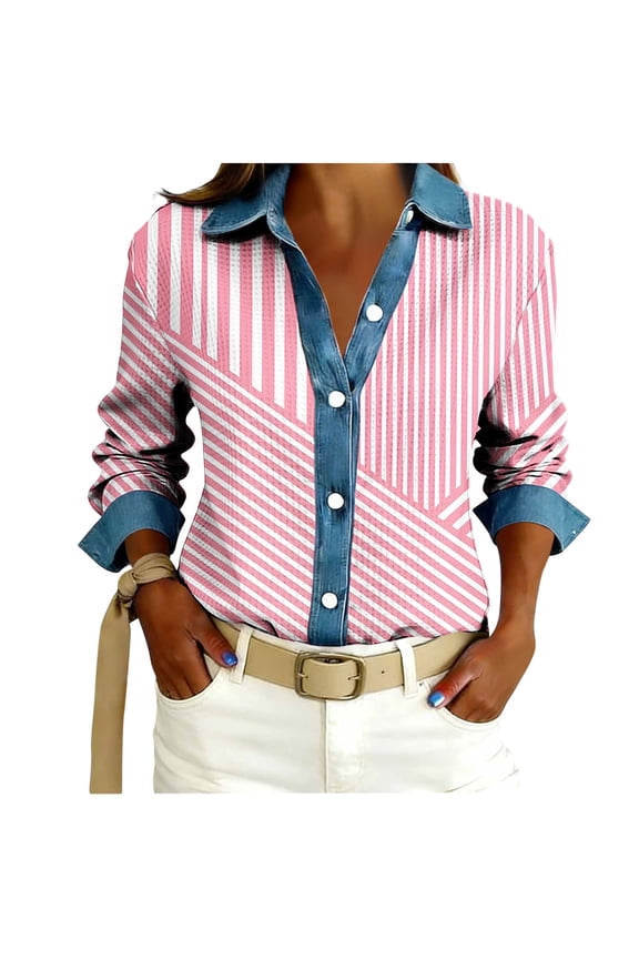 Button Down Shirt for Women Geometric Diamond Graphic Collared Long Sleeve Blouse Slim Fit Professional Career Clothes Office Top