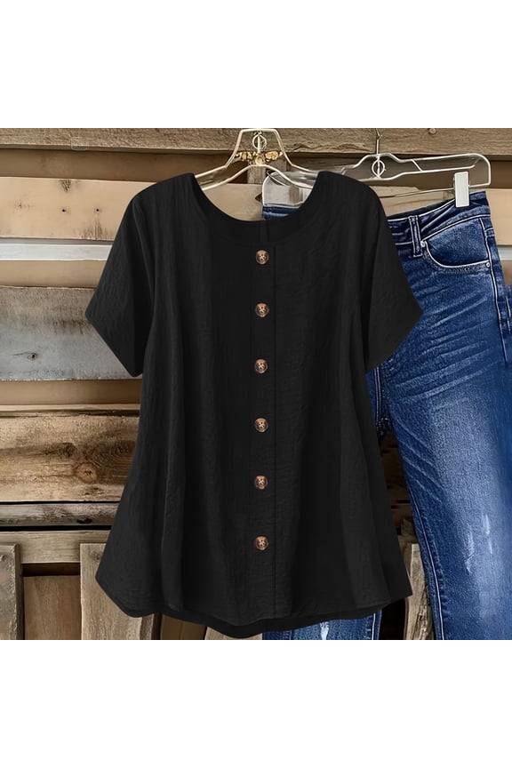 Button Down Shirt for Women Round Neck Short Sleeve Front Buttons Pleated Loose Fit Relaxed Casual Office Workwear Lightweight Tunic Top