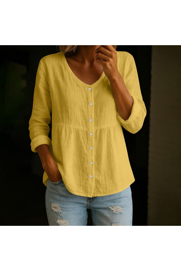 Button Down Shirt for Women V Neck Long Sleeve Roll-Up Tab Sleeves Empire Waist Peplum Hem Relaxed Fit Casual Business Work Blouse Top