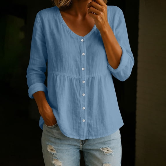Button Down Shirt for Women V Neck Long Sleeve Roll-Up Tab Sleeves Empire Waist Peplum Hem Relaxed Fit Casual Business Work Blouse Top