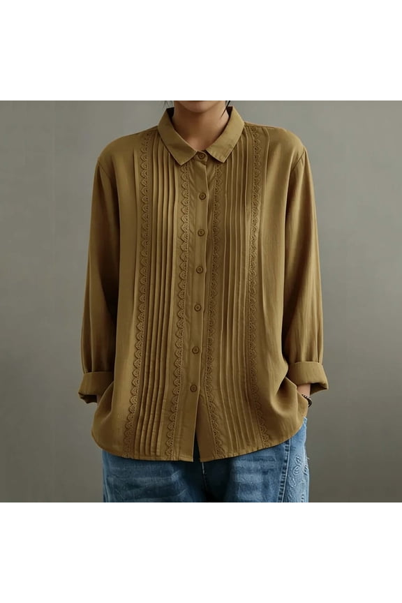 Button Down Shirt for Women Vintage Pleated Lace Trim Long Sleeve Collared Neck Loose Fit Professional Workwear Office Lady Elegant Blouse Top