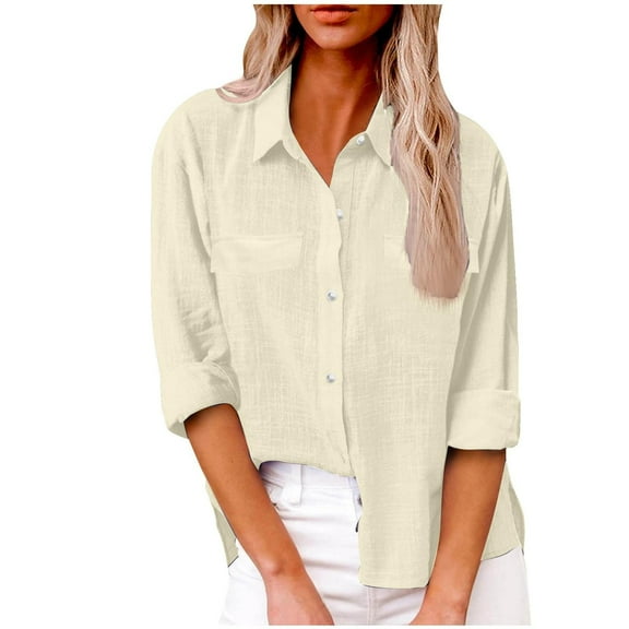 Button Down Shirts, Cotton Dress Shirts, Long Sleeve Blouses, V Neck Solid Casual, With Pockets, Linen, Beige 2XL, Size S-XXL
