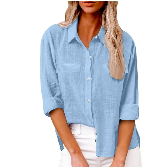 Button Down Shirts, Cotton Dress Shirts, Long Sleeve Blouses, V Neck Solid Casual, With Pockets, Linen, Blue L, Size S-XXL