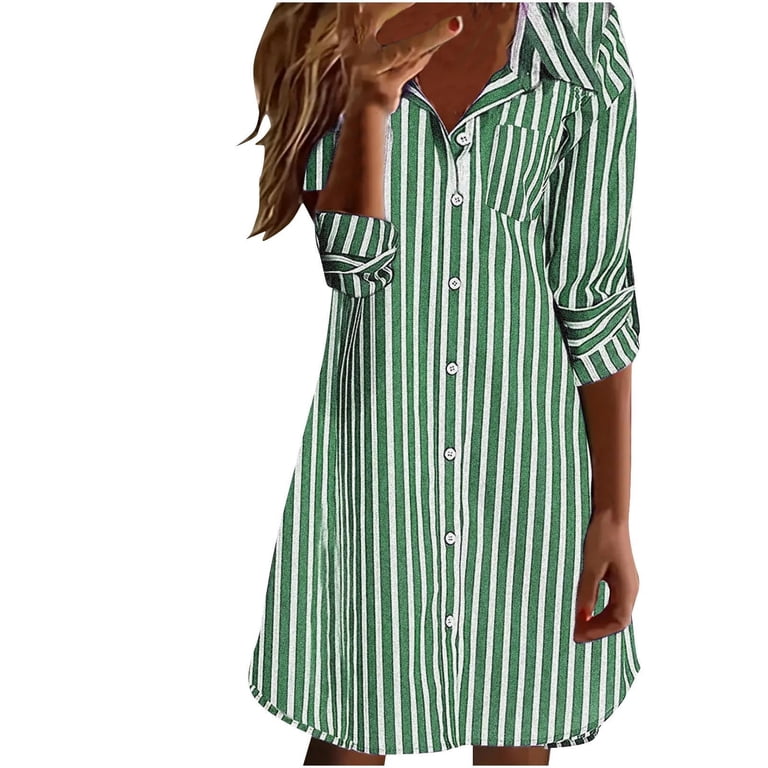 AKOEE Button Down Shirts Dress for Women Trendy Striped Print Long Sleeve Dressy Casual Collared Office Short Dresses (xl, Green), Women's