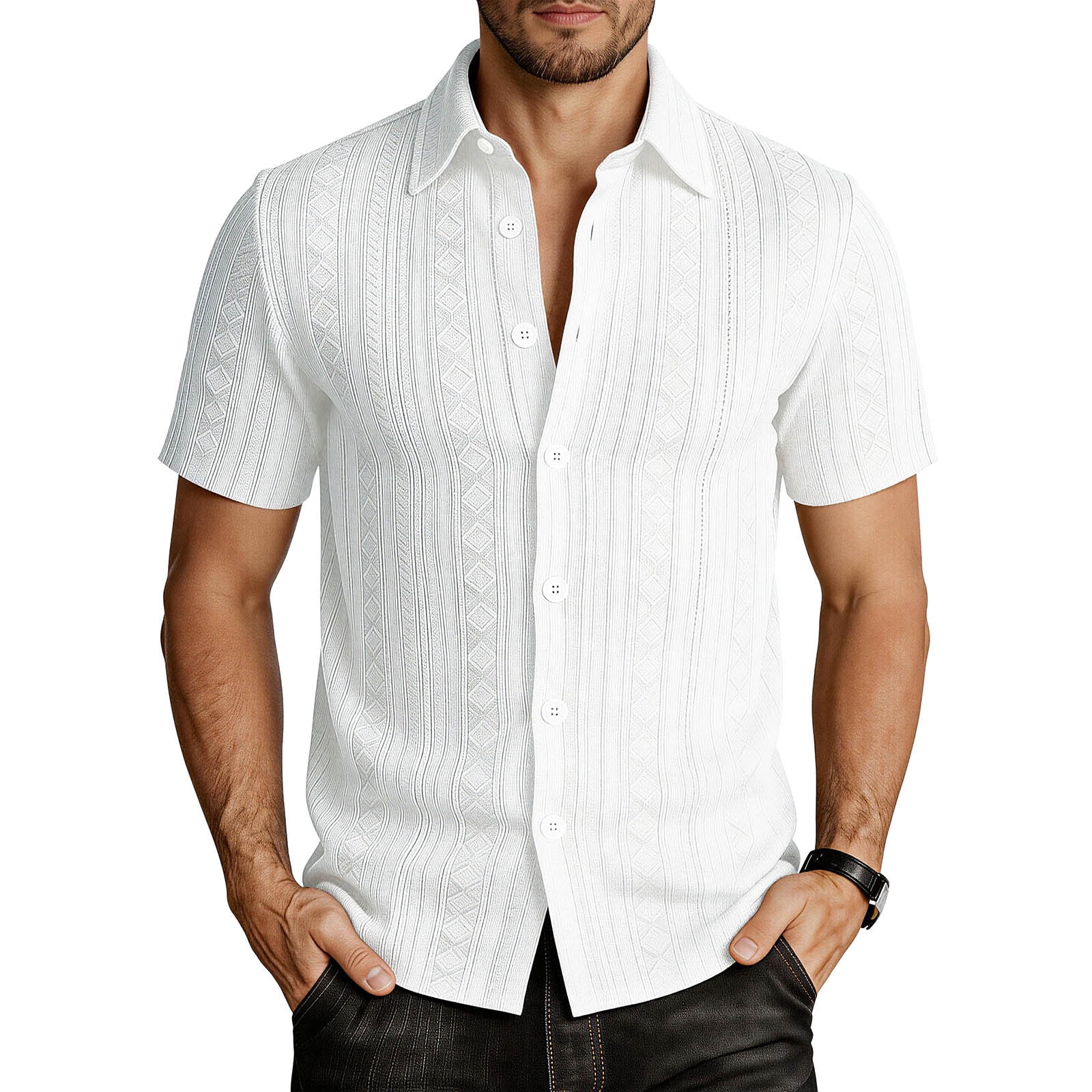 Button Down Shirts For Men Geometric Texture Short Sleeve Camp Collar ...