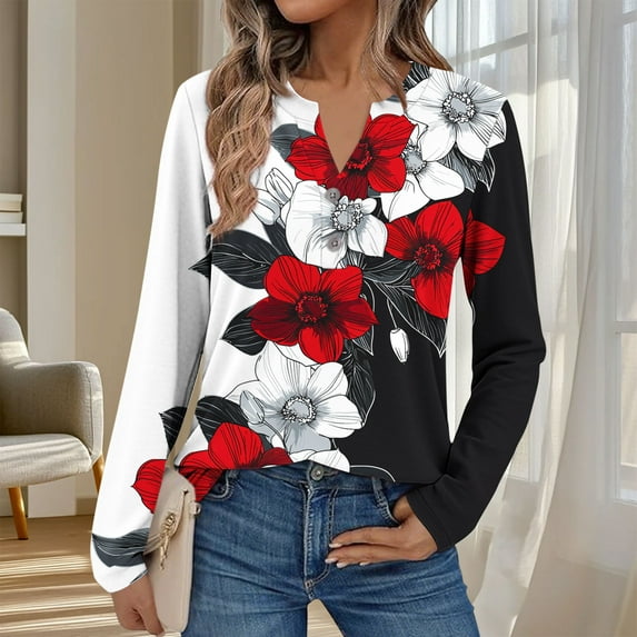 Button Down Shirts For Women Dressy Floral Printed Long Sleeve Blouse Business Casual Work Tops Red XL