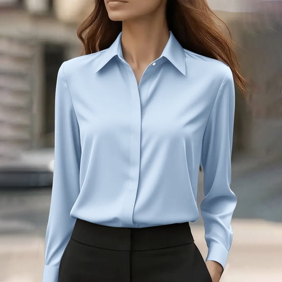Button Down Shirts For Women Wrinkle Resistance Dress Shirts For Women Long Sleeve Work Formal Blouses Tops Blue