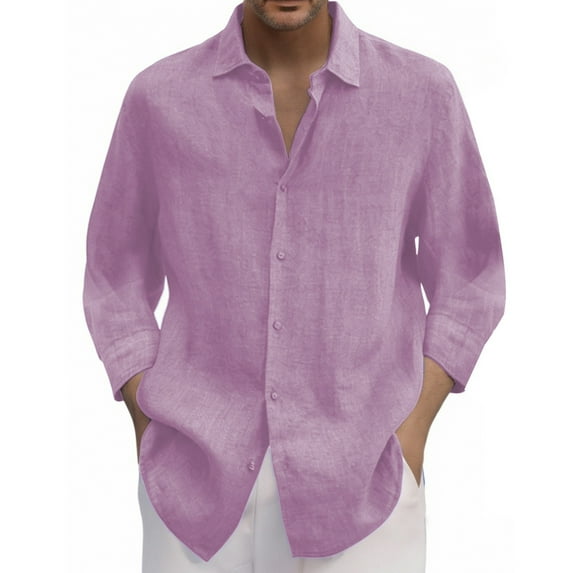 Button Down Shirts Men Men 3/4 Sleeve Cotton Linen Shirts Solid Color Casual Lapel Long Sleeve Shirt Men's Linen Shirts Light Purple XL