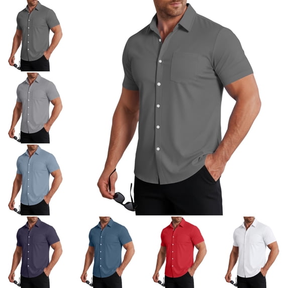 Button Down Shirts Men Stylish Short Sleeve Collared Dress Tshirts Summer Casual Quick-Dry Classic Fit Wedding Prom T-Shirts Gray M