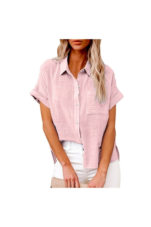 Button Down Shirts Women 2022 Dressy Casual Blouses Short/Long Sleeve Linen Collared T Shirts Loose Plain Tees Tshirt