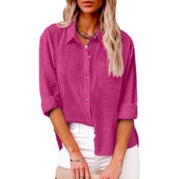 Button Down Shirts Women 2022 Dressy Casual Blouses Short/Long Sleeve Linen Collared T Shirts Loose Plain Tees Tshirt