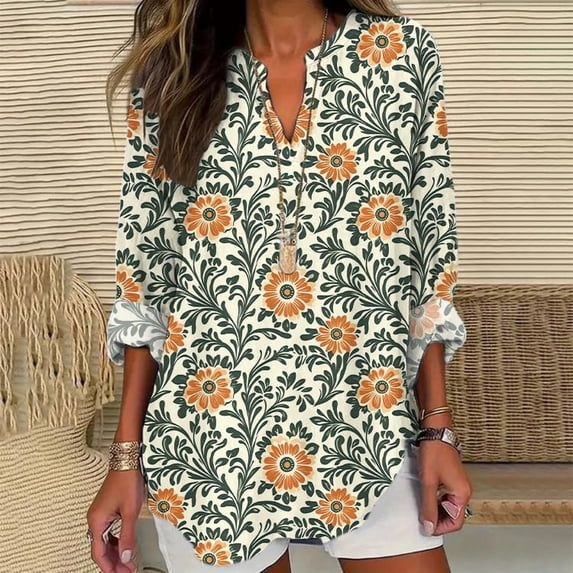 Button Down Shirts Women, 2025 Trendy Cotton Plus Size Long Sleeve V Neck Floral Spring Graphic Tunic, Orange S-3XL