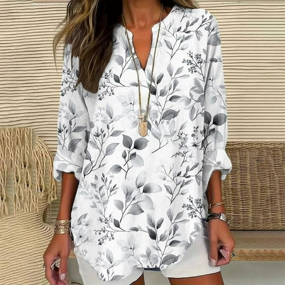 Button Down Shirts Women, 2025 Trendy Cotton Plus Size Long Sleeve V Neck Floral Spring Graphic Tunic, White S-3XL
