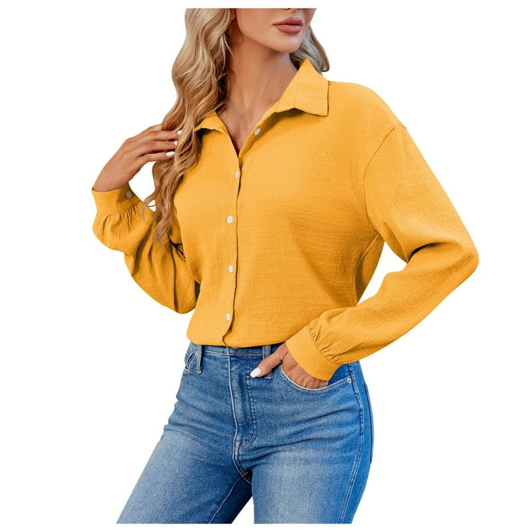 Button Down Shirts for Women Travel Outfits for Women Blouses for Women Business Casual Tops for Women Boho Tops for Women Womens TopsWomen Casual Button Down V Neck Blouses Long SleeveYellowXL