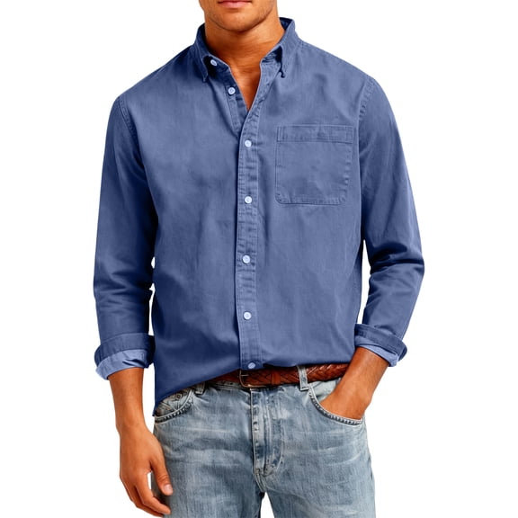 Button Down Shirts for Men Casual Long Sleeve Lapel Dress Shirt Vintage Washed Wrinkle-Free Tops with Pocket Royal Blue M