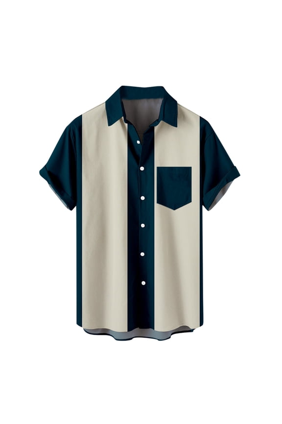 Button Down Shirts for Men Lapel Stripe Print Short Sleeve Tops Casual Loose Fit Summer Blouse Tee with Pocket