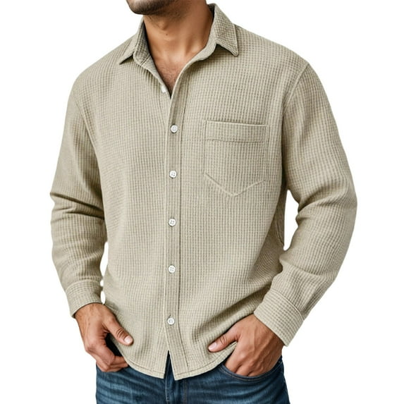 Button Down Shirts for Men Lightweight Waffle Knit Long Sleeve Shirt Spring Casual Turn Down Collar Solid Color Top Beige XXL