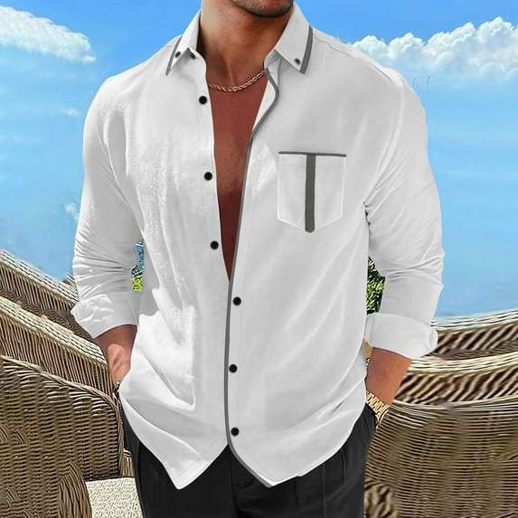 Button-Down Shirts for Men Long Sleeve Collared Business Work Tshirts Shirt with Pocket Casual Loose Color Block Comfort Lapel Tops