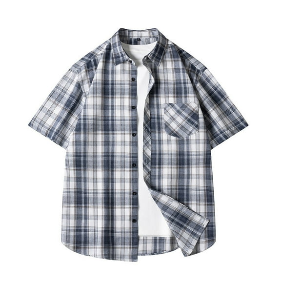 Button-Down Shirts for Men Plus Size M-4XL Short Sleeve Collared Tshirts Shirt Casual Lightweight Plaid Printed Lapel Tees Tops with Pocket