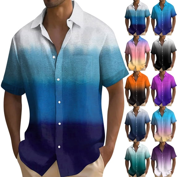 Button Down Shirts for Men Short Sleeve Gradient Men's Casual Shirts Classic Button Up Tops Beach Resort Shirts Blue 2XL