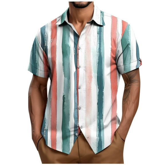 Button Down Shirts for Men Short Sleeve Striped Print Lapel Collared Summer Tops Casual Beach Hawaiian Blouses (3XL, White)