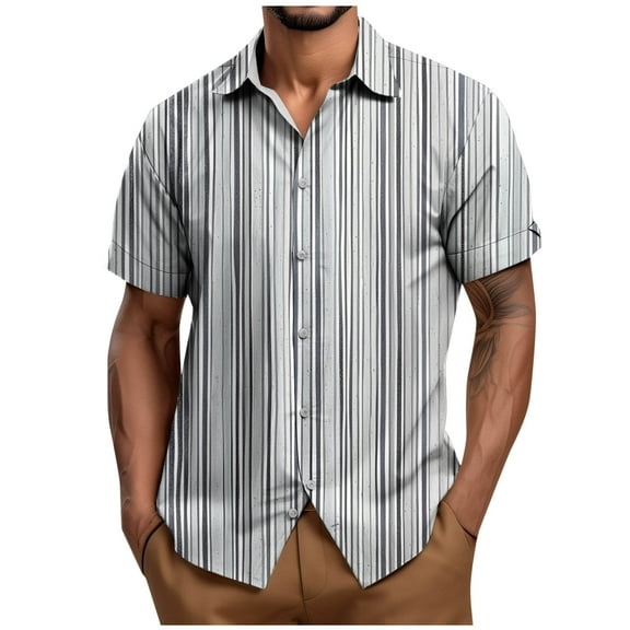 Button Down Shirts for Men Short Sleeve Striped Print Lapel Collared Summer Tops Casual Beach Hawaiian Blouses (M, Gray)