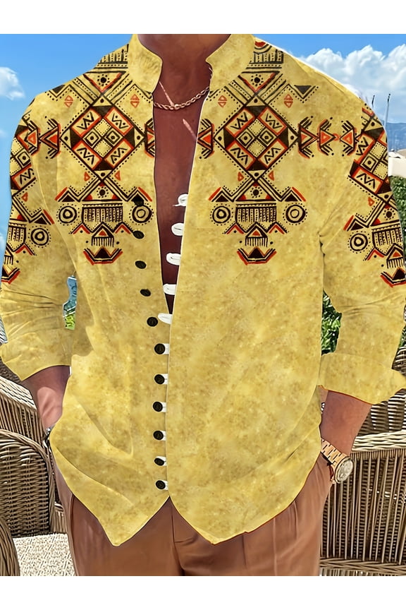 Button Down Shirts for Men Vintage Long Sleeve Button Banded Collar Fit Lightweight Tops Henley Shirts Yellow L