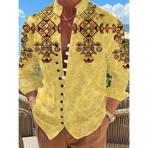 Button Down Shirts for Men Vintage Long Sleeve Button Banded Collar Fit Lightweight Tops Henley Shirts Yellow M