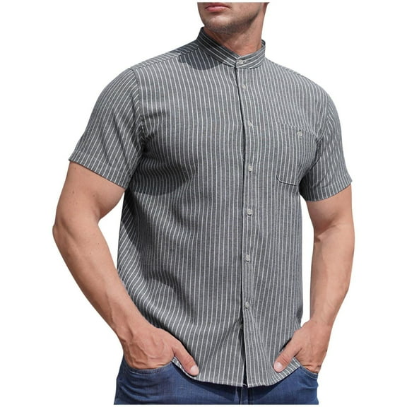 Button-Down Shirts for Men with Pocket L-6XL Big and Tall Short Sleeve T Shirt Plus Size Stripe Printed Stand Collared Stretchy Slim Tops