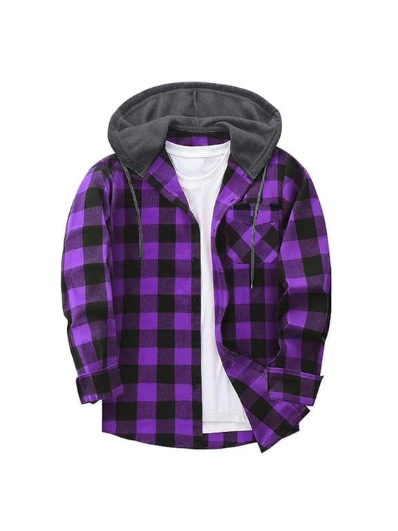 Button-Down Shirts for Men with Pocket and Fleece Lined Hoodie Long Sleeve Shackets Mens Casual Plaid Printed Office Work Outerwear Hoodies