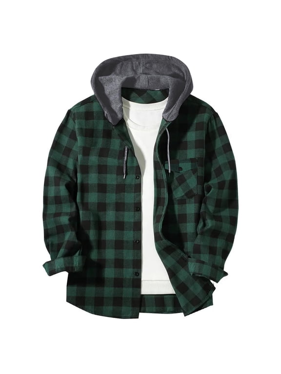 Button-Down Shirts for Men with Pocket and Fleece Lined Hoodie Long Sleeve Shackets Mens Casual Plaid Printed Office Work Outerwear Hoodies