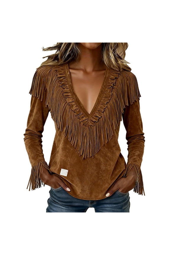 Button Down Shirts for Women 2026 Retro Western Suede Fringe Tassel Button Down Long Sleeve Outwear Summer Tops