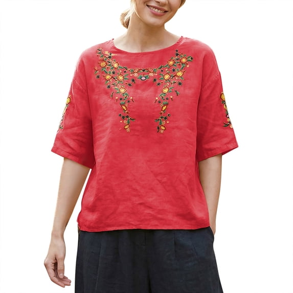 Button Down Shirts for Women 2026 Summer Casual Yellow Linen Cotton Blend With Hand Embroidered Comfortable Blouse Tops