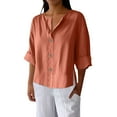 thumbnail image 1 of Button Down Shirts for Women 3/4 Sleeve Cotton and Linen Fashion Solid Color V Neck Loose T Thirt Blouse, 1 of 8