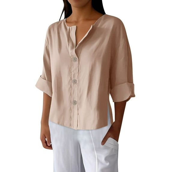 Button Down Shirts for Women 3/4 Sleeve Cotton and Linen Fashion Solid Color V Neck Loose T Thirt Blouse