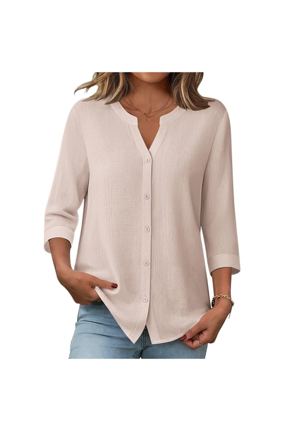 Button Down Shirts for Women 3/4 Sleeve V Neck Tops Dressy Casual Loose Work Blouses Beige XL