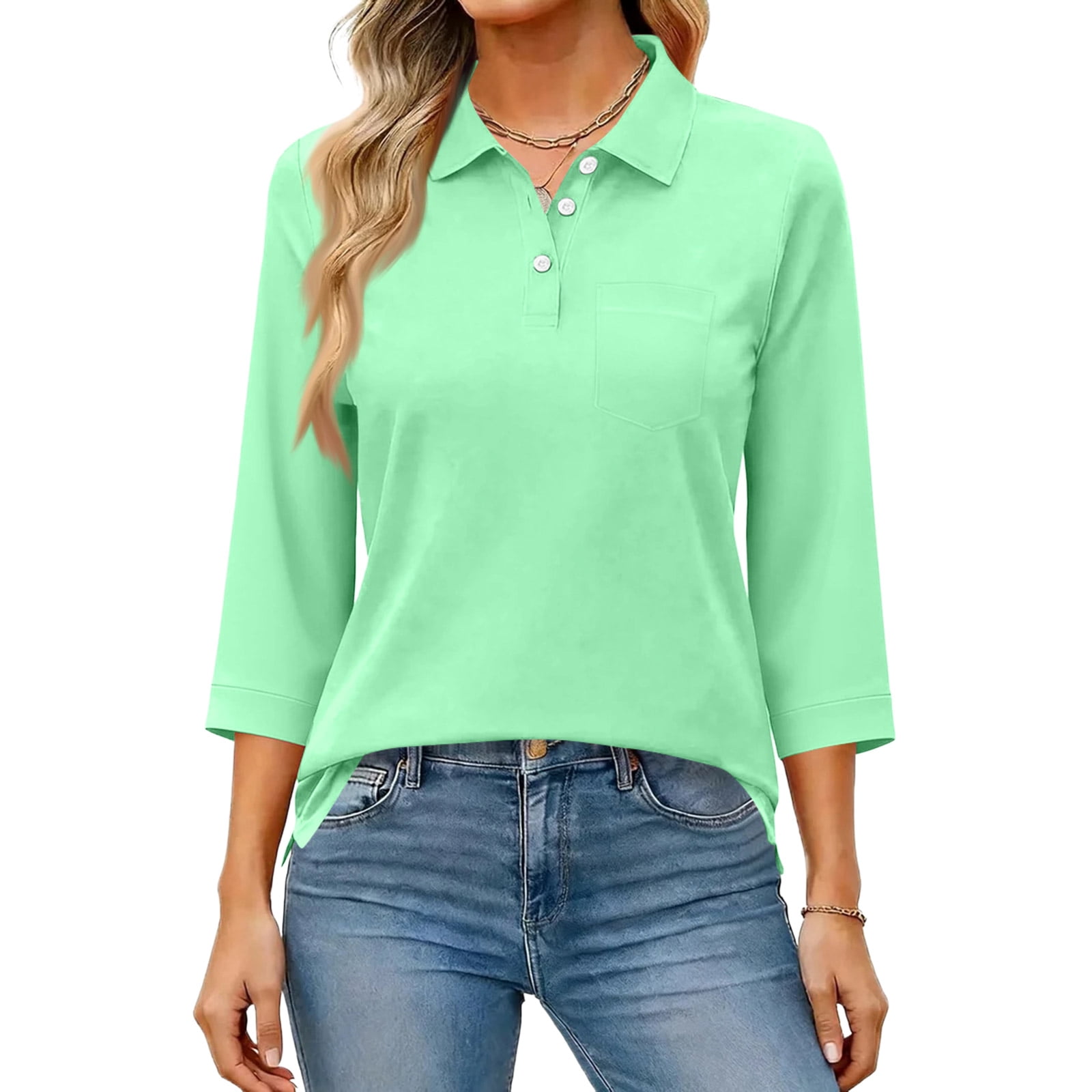 Button Down Shirts for Women Casual Lapel 3/4 Sleeve Solid Color Shirts ...