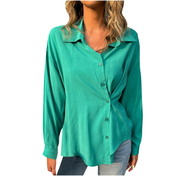 Button Down Shirts for Women Casual Long Sleeve Solid Color V Neck Collared Dressy Loose Fall Fashion Blouses Tops