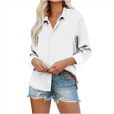 Button Down Shirts for Women Casual Long Sleeve Top Loose Fit Collared Blouse Plus Size S-3XL Work Office Outfit (XL, White)