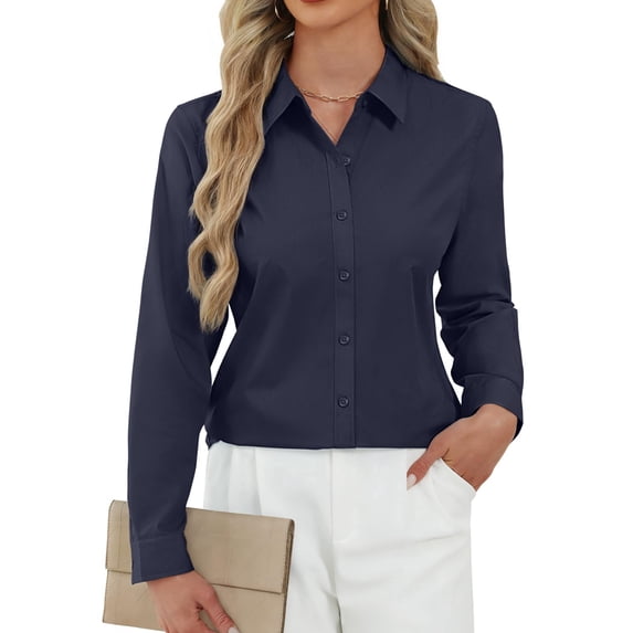 Button Down Shirts for Women Collared Long Sleeve Dress Shirt Business Casual Blouse for Work Navy Blue 4XL