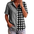 thumbnail image 1 of Button Down Shirts for Women Collared Shirt Short Sleeve Plaid Stripe Patchwor Linen Summer Tops, 1 of 6