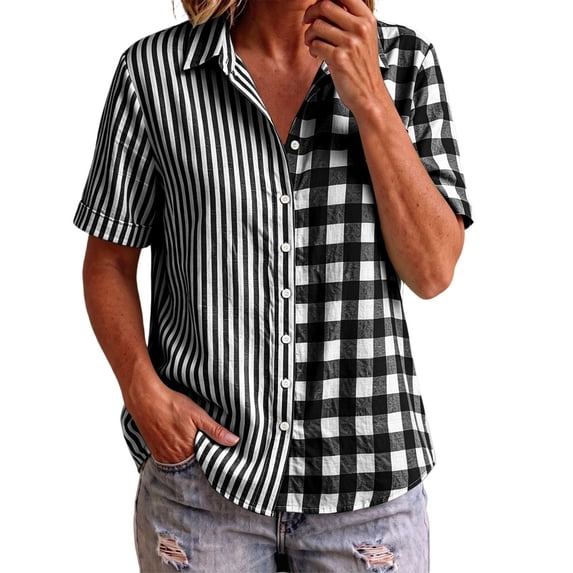 Button Down Shirts for Women Collared Shirt Short Sleeve Plaid Stripe Patchwor Linen Summer Tops