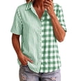 thumbnail image 1 of Button Down Shirts for Women Collared Shirt Short Sleeve Plaid Stripe Patchwor Linen Summer Tops, 1 of 6
