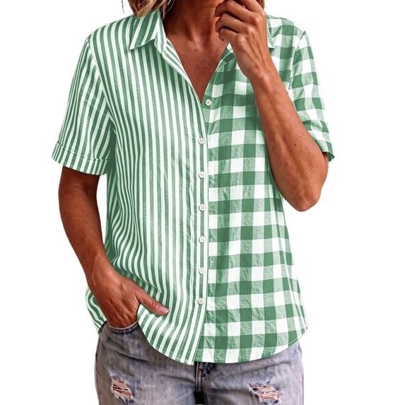 Button Down Shirts for Women Collared Shirt Short Sleeve Plaid Stripe Patchwor Linen Summer Tops