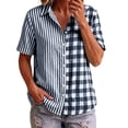 thumbnail image 1 of Button Down Shirts for Women Collared Shirt Short Sleeve Plaid Stripe Patchwor Linen Summer Tops, 1 of 6