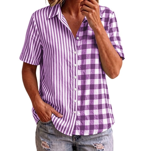 Button Down Shirts for Women Collared Shirt Short Sleeve Plaid Stripe Patchwor Linen Summer Tops