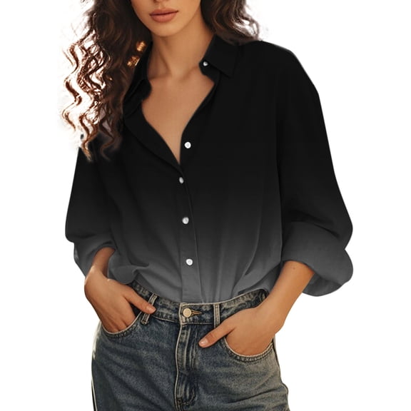 Button Down Shirts for Women, Comdrip Women's Gradient Printed Shirt Lapel Button Shirt Dress Shirts for Women Black S