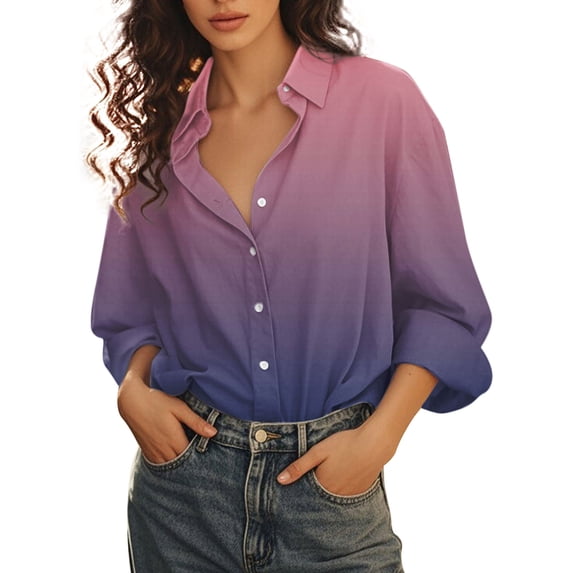 Button Down Shirts for Women, Comdrip Women's Gradient Printed Shirt Lapel Button Shirt Dress Shirts for Women Purple 2XL