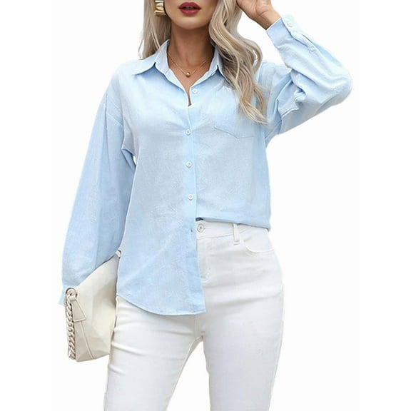 Button Down Shirts for Women Cotton Dress Shirts Collared Long Sleeve Wrinkle Free Blouse Tops Light Blue L